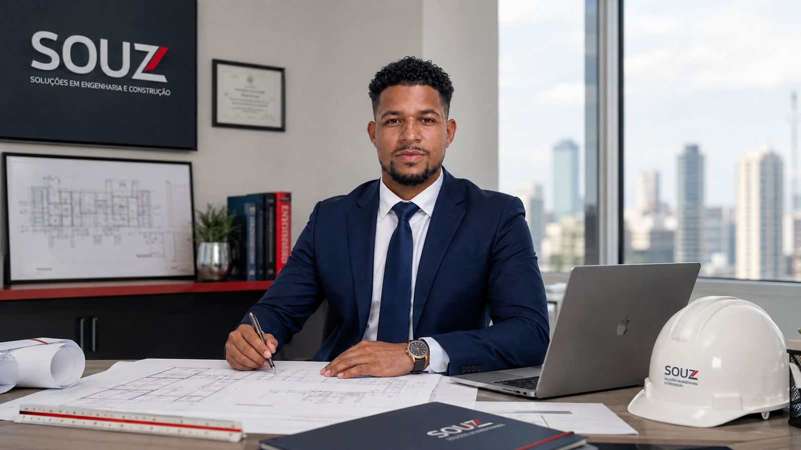 Engenheiro da SOUZ analisando um projeto técnico em escritório corporativo