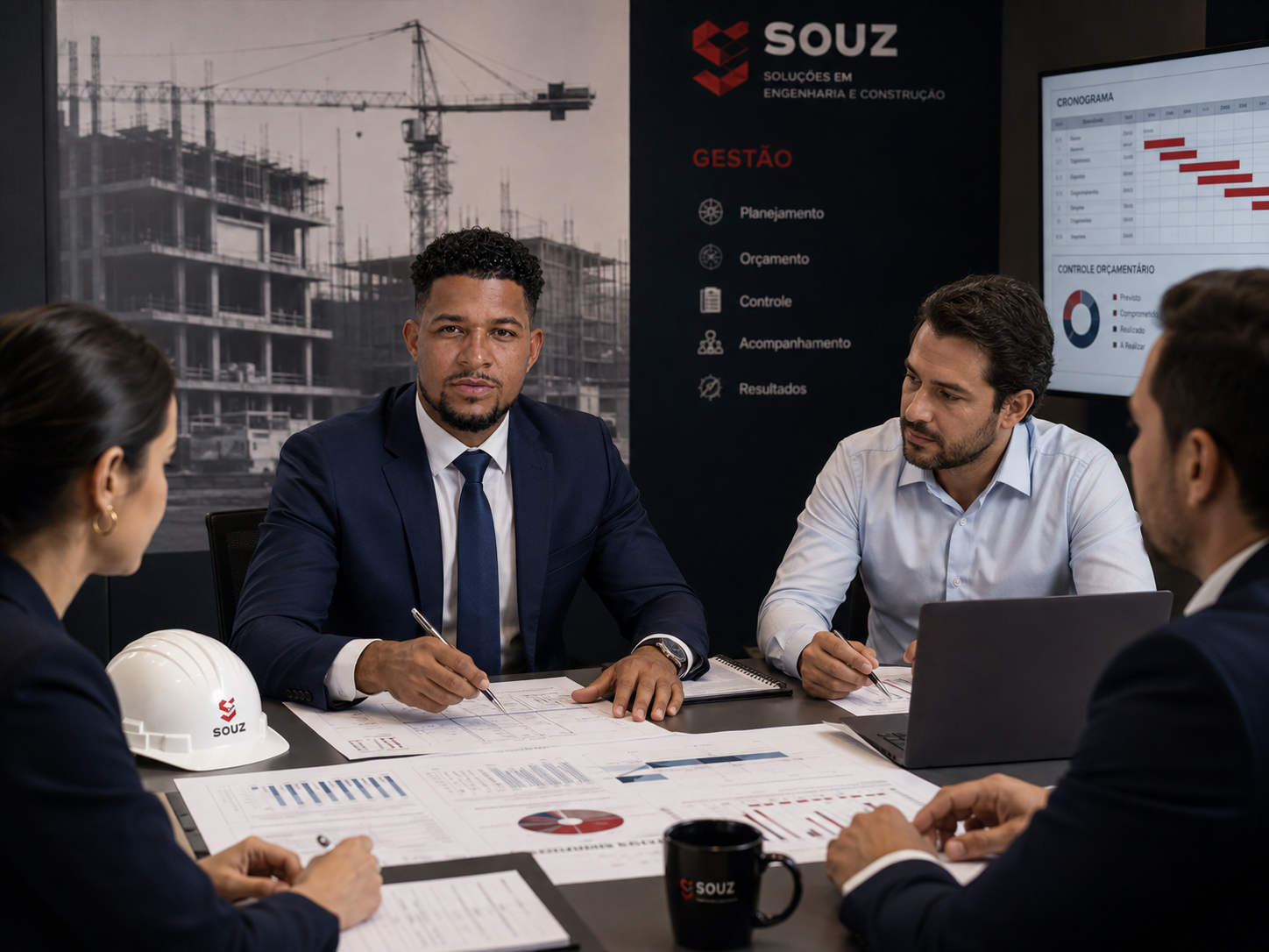 Equipe da SOUZ reunida analisando cronograma e indicadores de uma obra